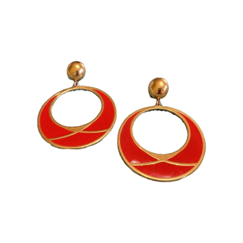 Vintage Earrings 80s Retro Red Gold Pierced